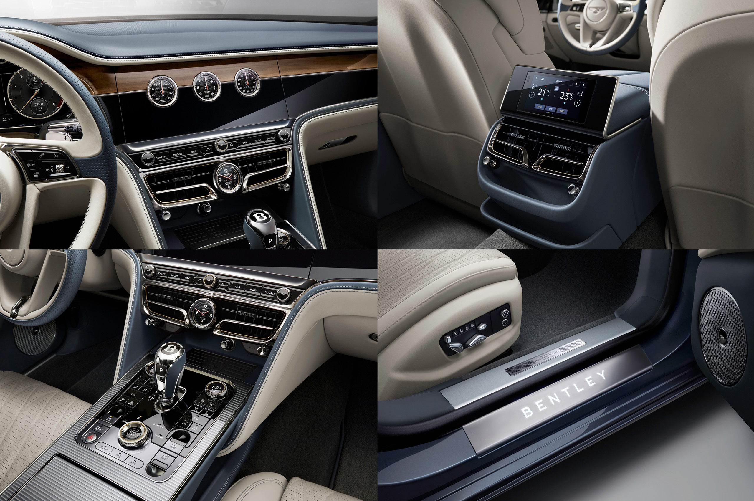 Collage of a Bentley Flying Spur 2022 interior: top left shows the dashboard and steering wheel; top right displays a digital screen and air vents; bottom left highlights the gear shift and central controls; bottom right, skillfully enhanced by a car retoucher, reveals the illuminated Bentley logo on the door sill.