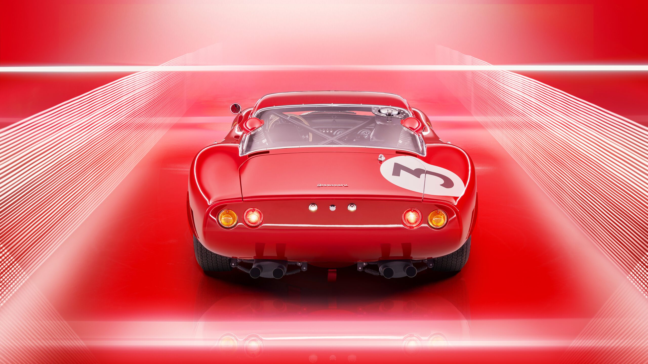 A red vintage Bizzarrini 5300 GT Corsa with sleek curves and aerodynamic design is viewed from the rear against a red background with white light streaks. The car's illuminated tail lights and the number 6 on the side give a retouched, futuristic feel.