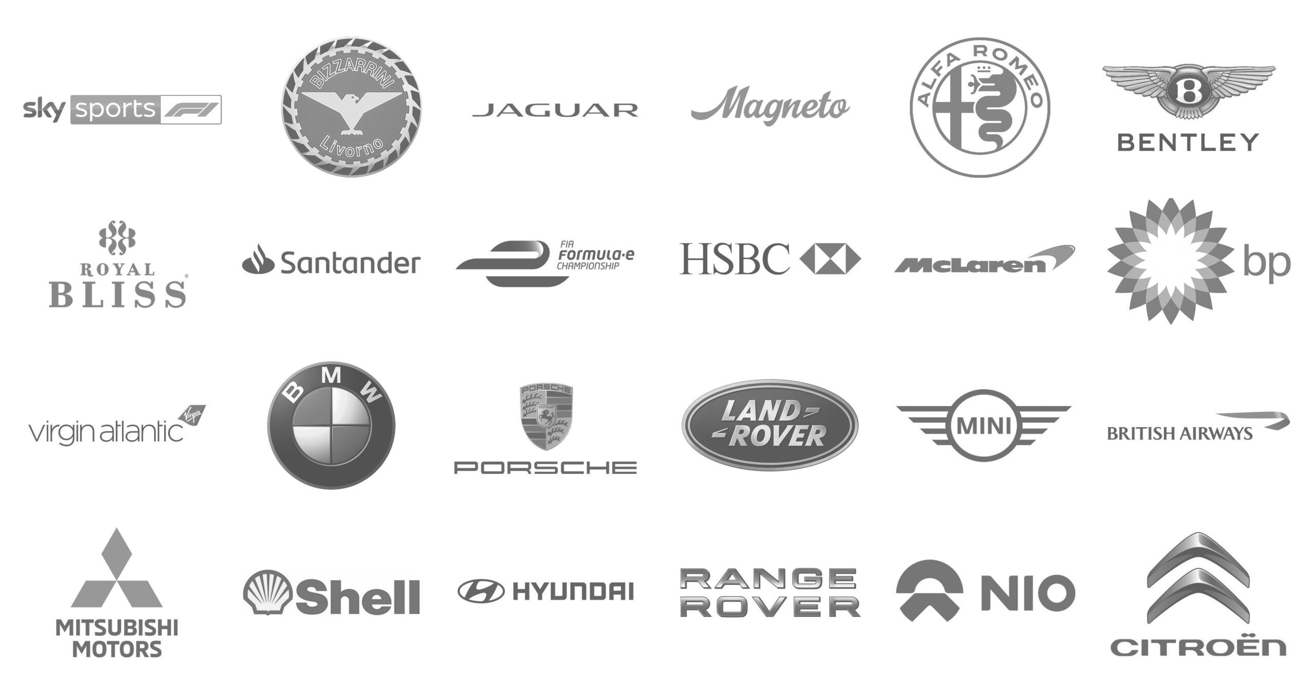 A collection of logos from various brands, including Jaguar, Bentley, HSBC, McLaren, BMW, Porsche, Land Rover, MINI, Shell, Hyundai, Range Rover, Citroën, and more. The logos are arranged in a grid format on a white background.