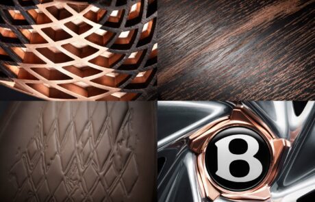 A collage of four images features: a close-up of an intricate metal structure with a copper hue, a dark wooden surface with visible grain, a quilted leather pattern, and a detailed view of the Bentley EXP GT100 concept car wheel with a black circular emblem displaying the letter 'B'.