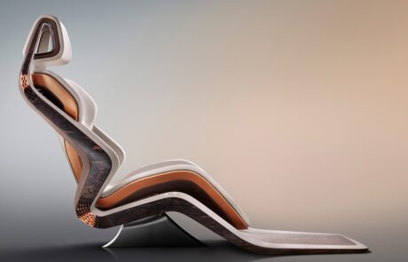 A modern, abstract chair with a sleek, undulating design is shown against a gradient background. The chair features a curvy, layered structure in shades of brown and beige, combining wood and leather elements for a stylish, contemporary look reminiscent of the Bentley EXP GT100 concept.