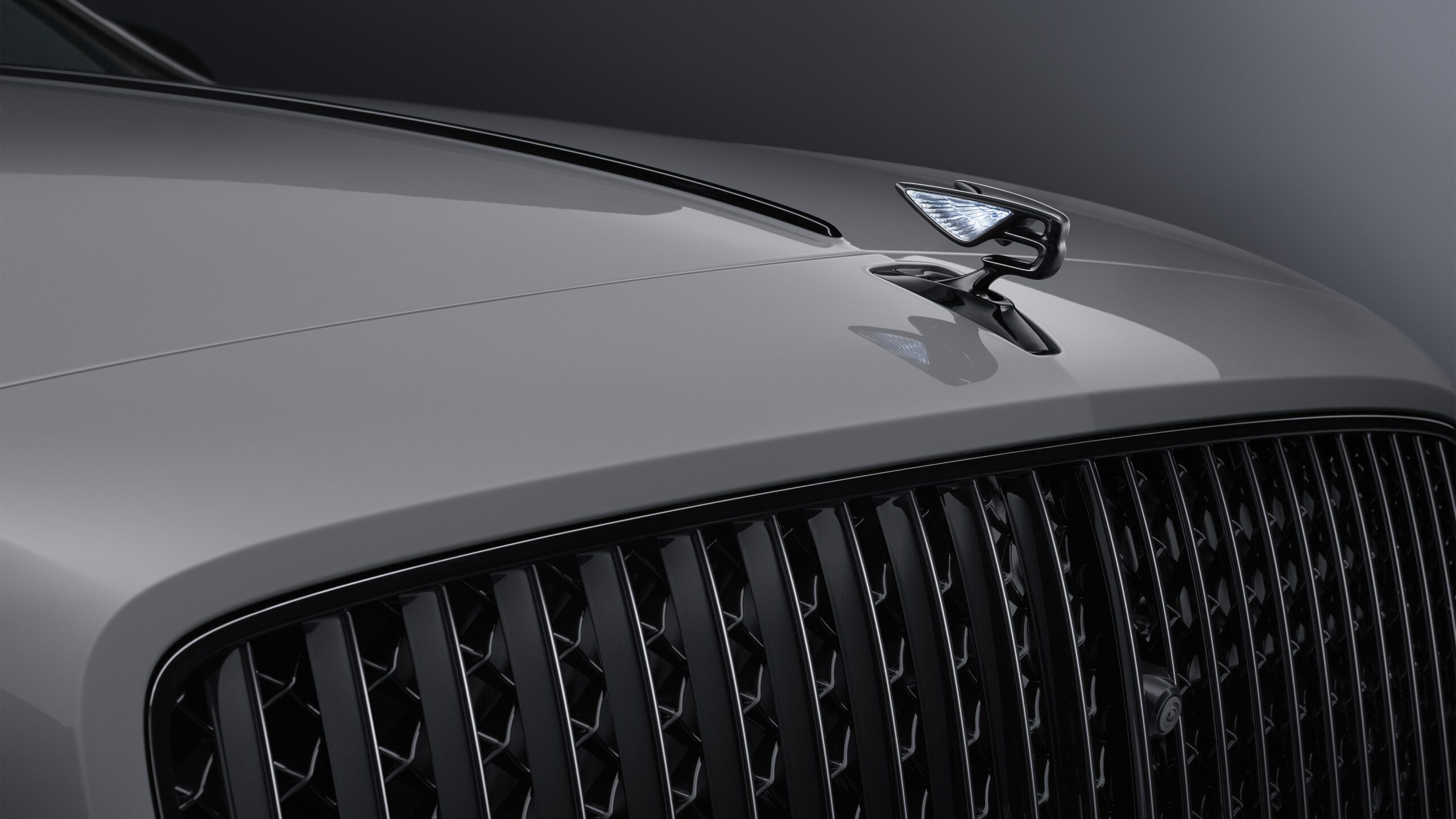 Close-up view of a luxury car's front grille. The image showcases a metallic figurine emblem on the hood, resembling a winged shape. The glossy Bentley Flying Spur S features a sleek finish and intricate grille design, with the photo meticulously retouched to highlight its elegance.