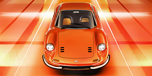 An overhead view of a classic orange Ferrari Dino sports car with a sleek design, positioned on a gradient background of orange and red hues. The car features prominent headlights and a streamlined body, exuding a vintage and stylish aura, perfect for retouchers in London.