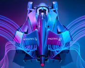 Front view of the Formula E Gen2 car with dramatic blue and pink light trails sweeping outward like wings.