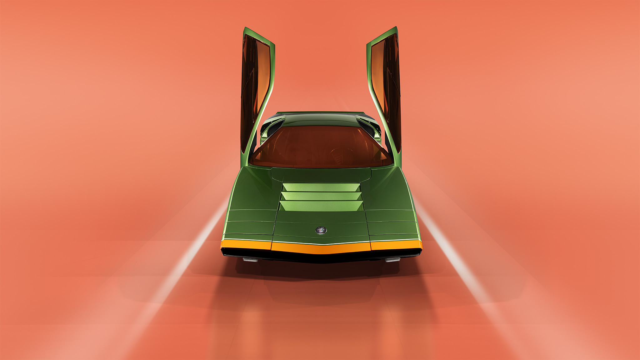 A front view of a sleek, retro-futuristic green sports car resembling the Alfa Romeo 33, with scissor doors open against a seamless orange background. The car features sharp, angular lines and a distinctively low profile, emphasizing its aerodynamic design and stylish appeal, perfect for Magneto magazine.