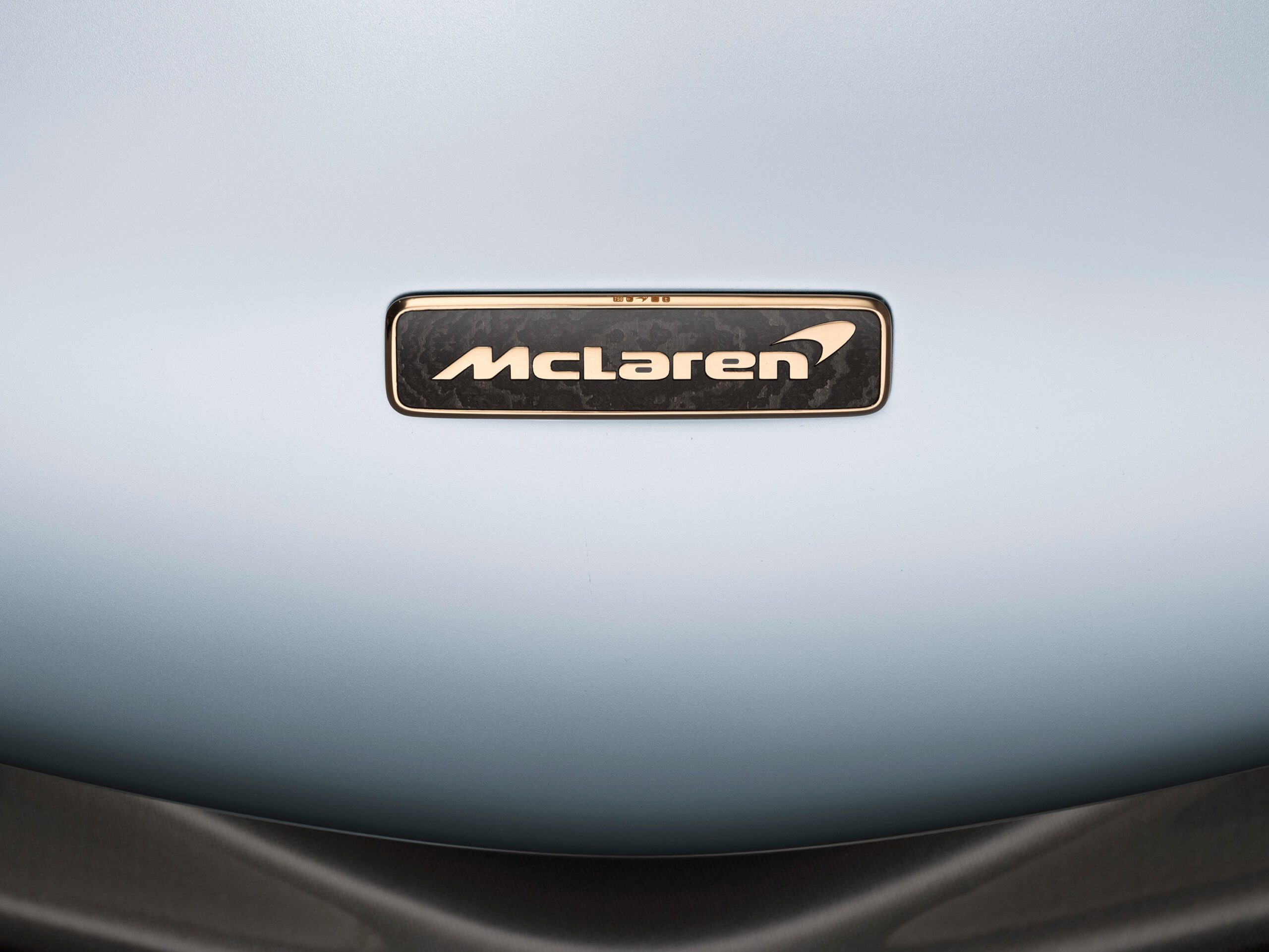 A close-up image of a McLaren Speedtail car emblem. The McLaren logo is centered on a light blue background, featuring white text and a black border. The emblem is mounted on the hood, showcasing the luxury car brand's elegance, with precision worthy of a car retoucher’s touch.
