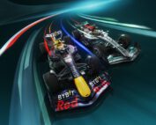 CGI Illustration of two Formula 1 cars racing side by side on a sleek, futuristic track. The car on the left sports a black, red, and yellow color scheme, while the car on the right is silver and black. The dynamic CGI background gives a sense of high speed and competition, making it feel like you're watching Sky F1 live.