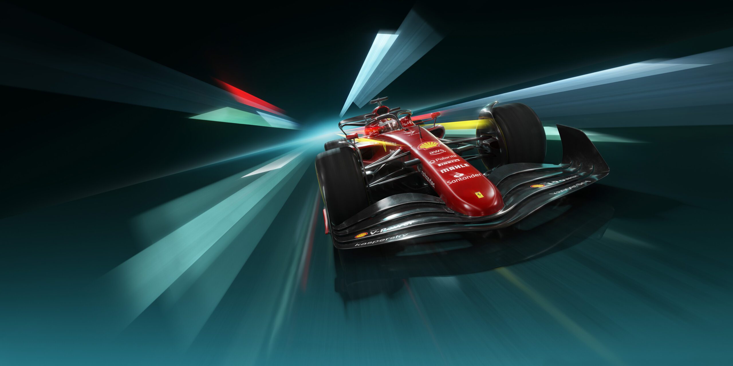 Stylized CGI image of a red F1 car speeding towards the viewer with dynamic motion lines and streaks of light in the background, creating a sense of high velocity and excitement.