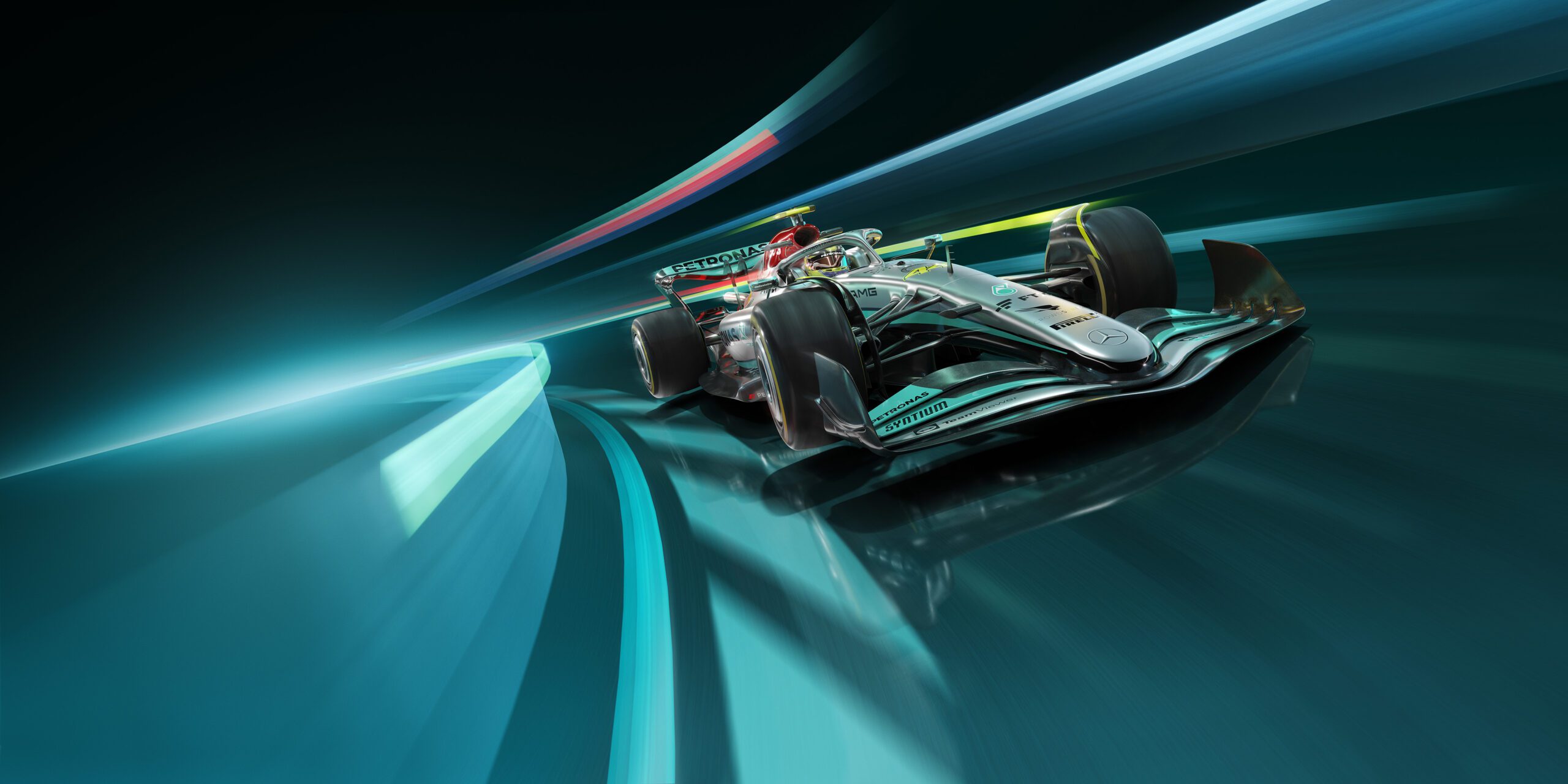 A Formula 1 race car speeds on a futuristic track, emitting light trails. The driver is wearing a helmet, and the car has intricate design details, illustrated with sleek lines and dynamic colors to convey high speed and motion.