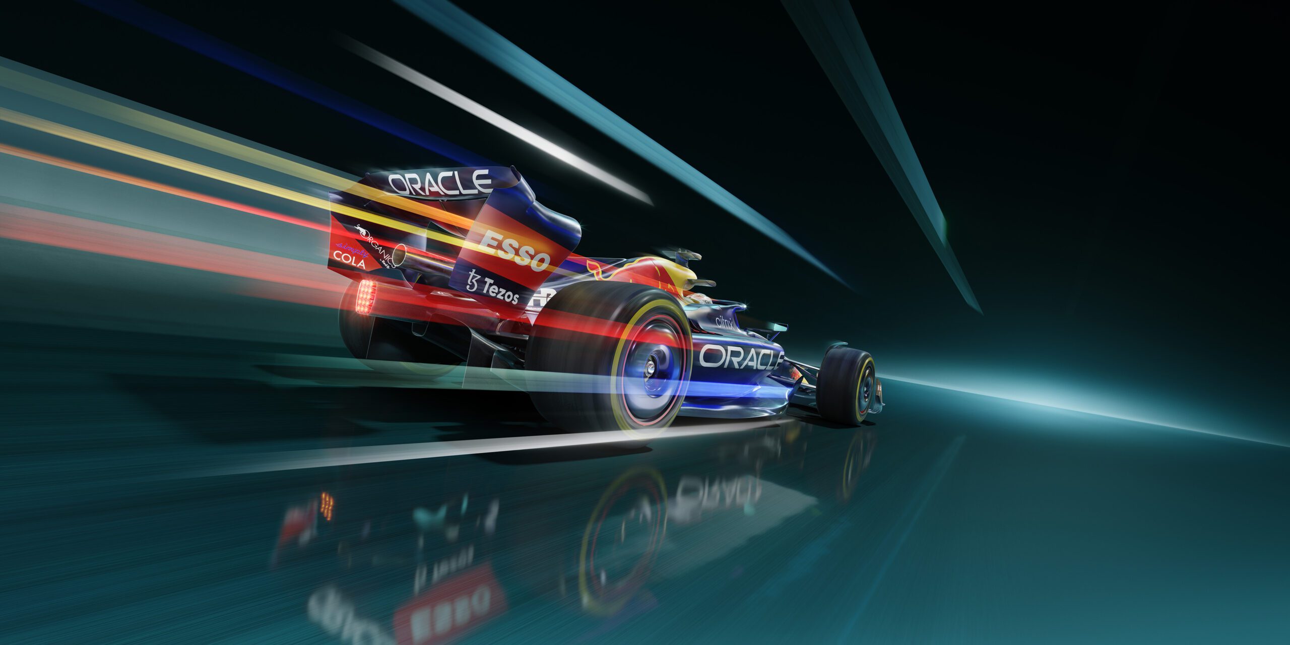 A striking CGI image of a speeding Formula 1 car seen from the rear-left as it zooms through a dark, blurred background with vibrant motion trails. The car is branded with Oracle, Red Bull, and other sponsors, showcasing its sleek, aerodynamic design and dynamic motion in true Sky F1 style.