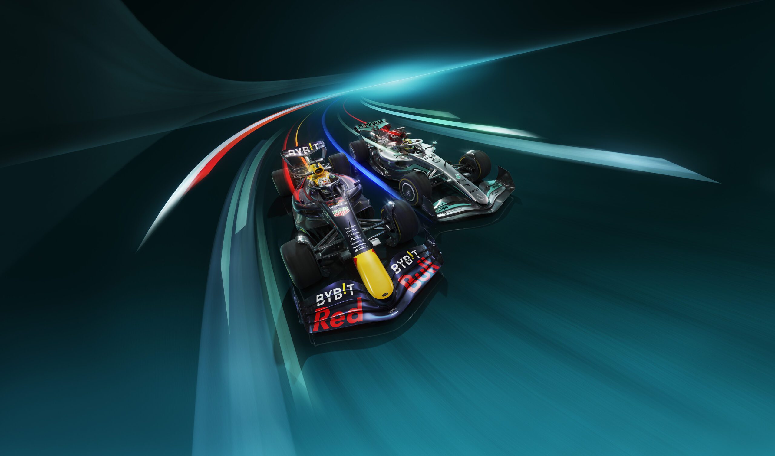 Illustration of two Formula 1 cars racing side by side on a sleek, futuristic track. The car on the left sports a black, red, and yellow color scheme, while the car on the right is silver and black. The dynamic CGI background gives a sense of high speed and competition, making it feel like you're watching Sky F1 live.