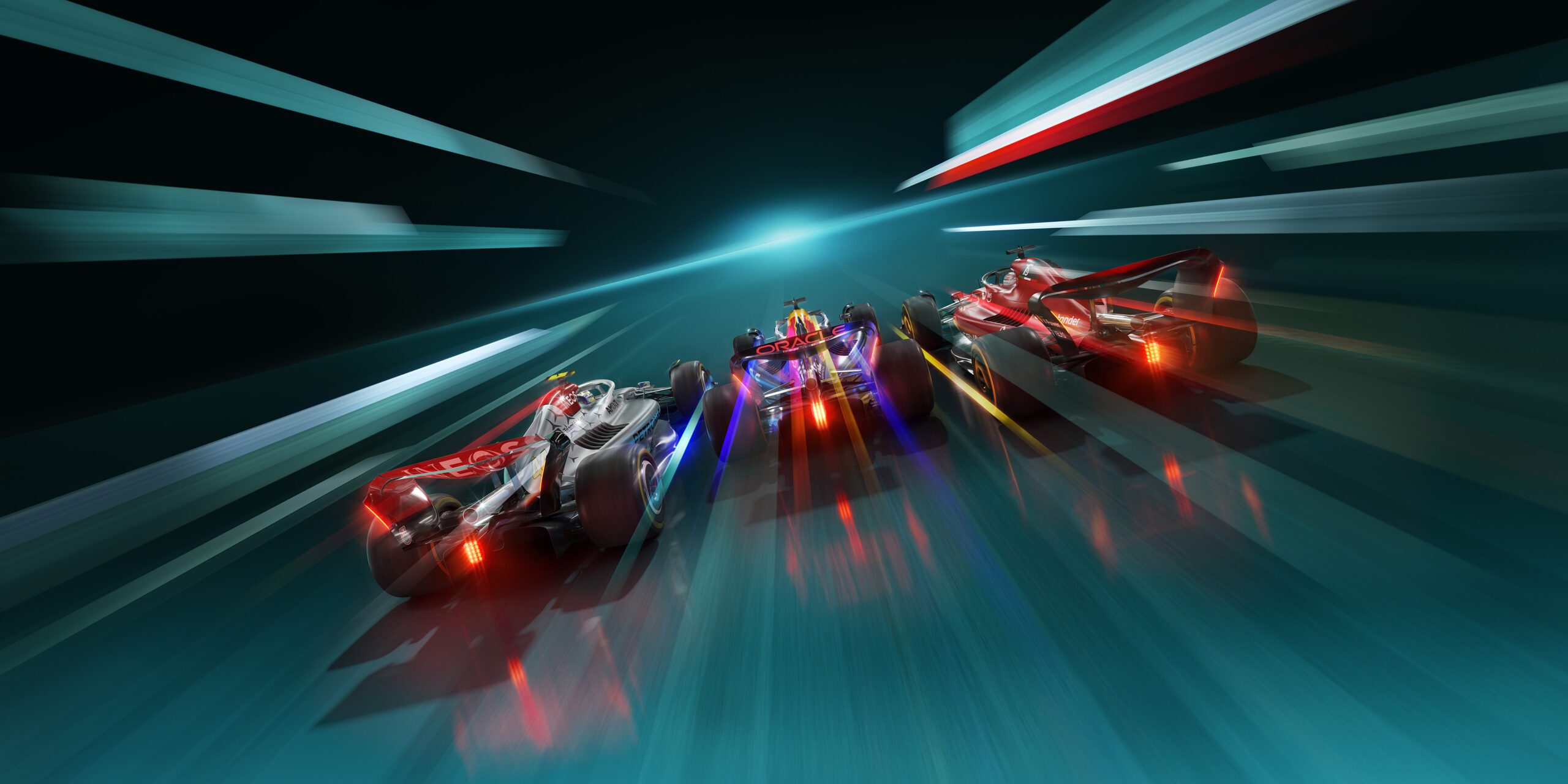 Three futuristic race cars speed down a glowing, abstract track reminiscent of a Formula 1 circuit. The cars are sleek, lit with neon lights, and emit vivid motion trails. The background features dynamic lines and bursts of light, enhancing the sense of speed and intensity.