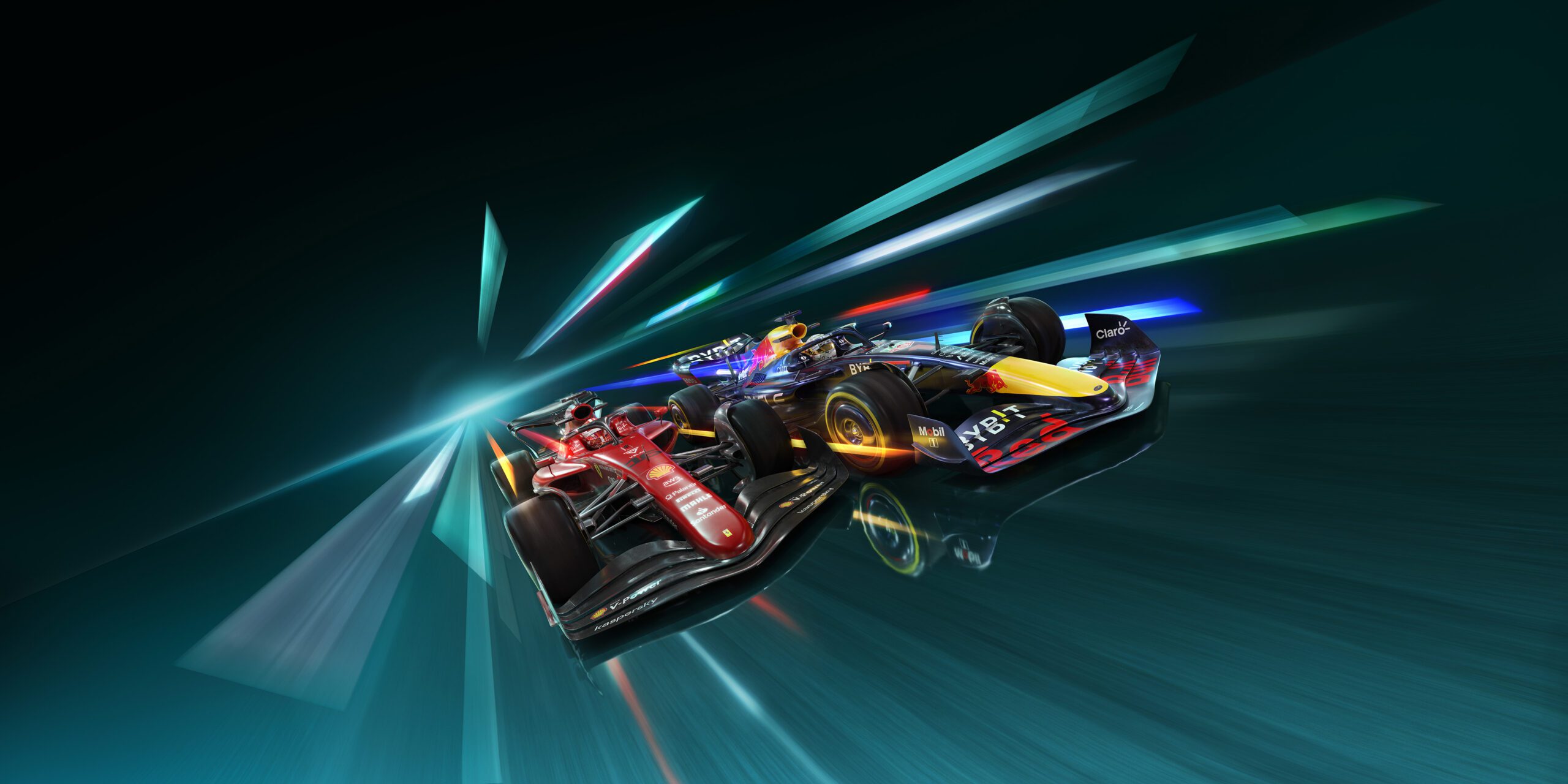 Two Formula 1 cars race side by side at high speed, each with dynamic motion blur effects. One car is red, the other blue and yellow. The background features dramatic streaks of light, emphasizing the high-speed action and competitiveness that Sky F1 captures so brilliantly.