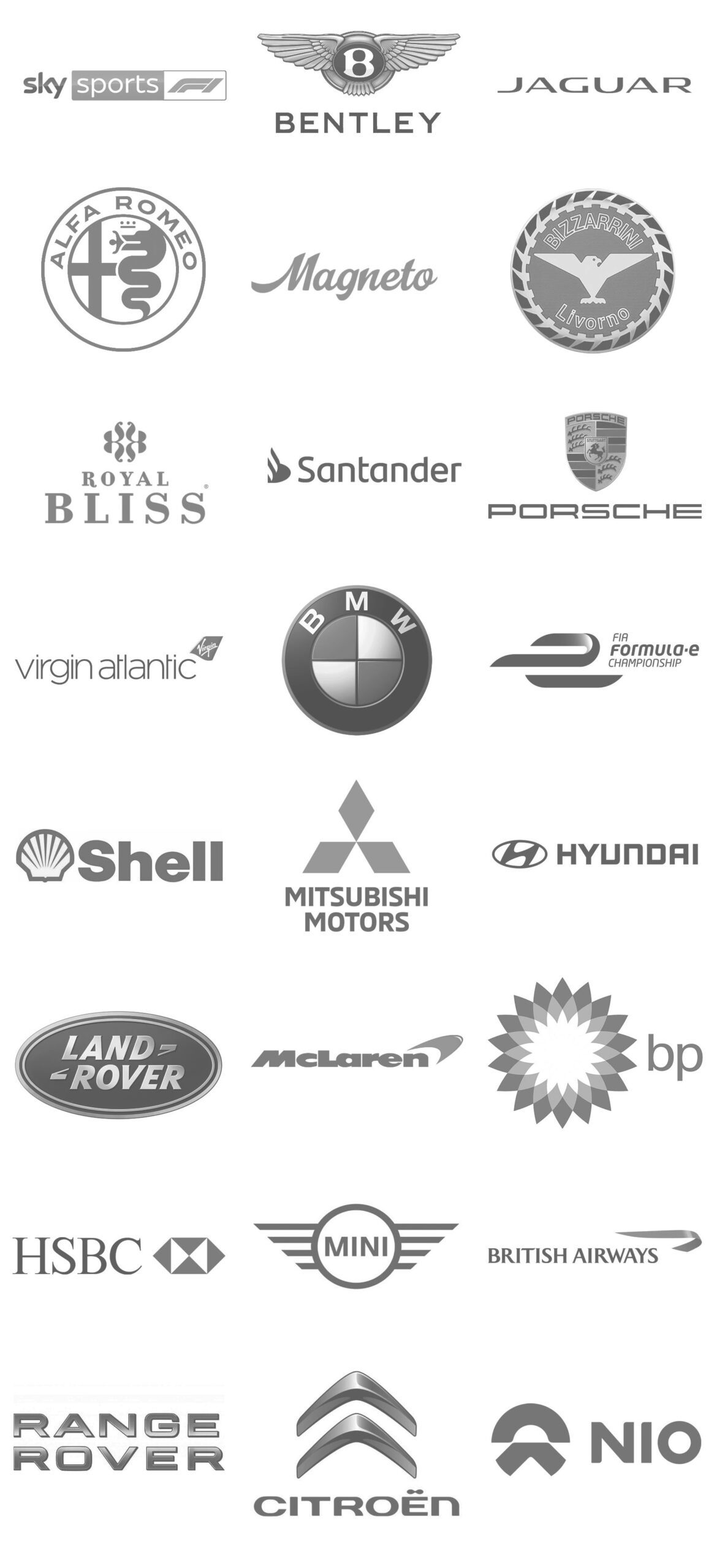 A compilation image of numerous logos from different brands, including Sky Sports, Bentley, Jaguar, Alfa Romeo, Magneto, Royal Bliss, Santander, Porsche, Virgin Atlantic, BMW, Ping, Shell, Mitsubishi Motors, Hyundai, Land Rover, McLaren, BP, HSBC, Mini, British Airways, Range Rover, Citroën, and NIO.