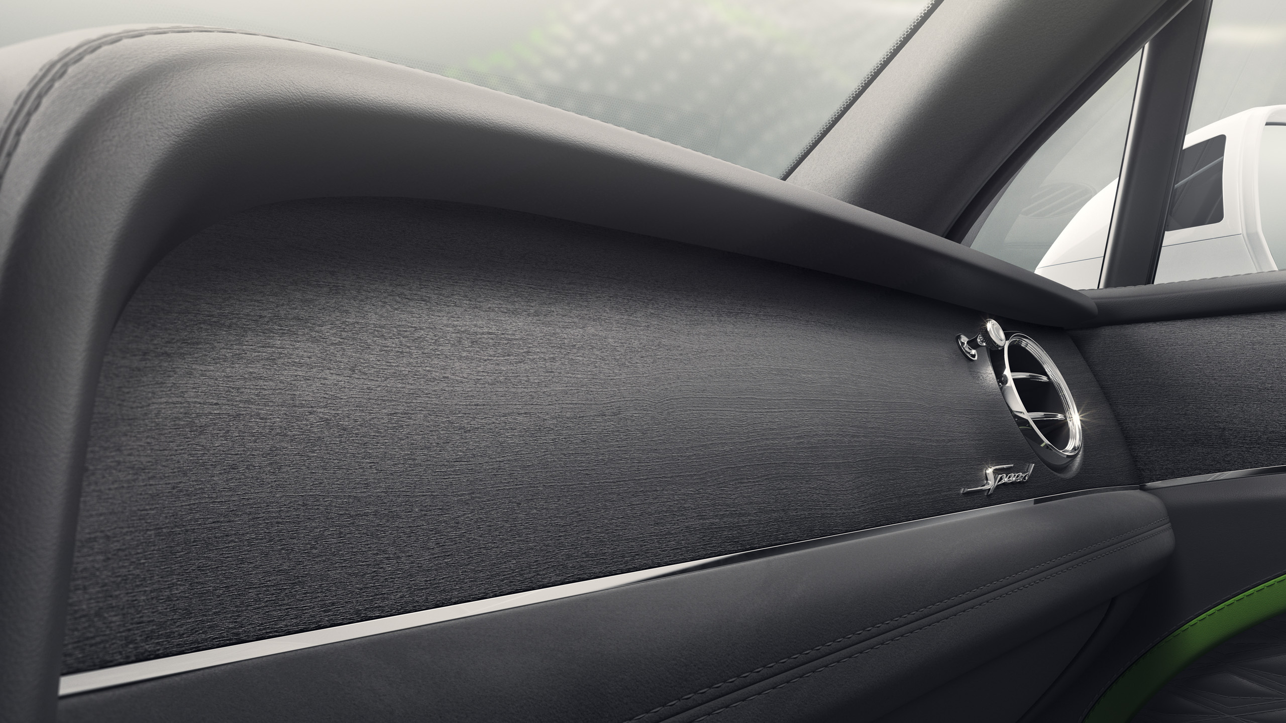 Close-up of a luxury car’s interior door panel, featuring a sleek wood trim, smooth leather, a metallic air vent, and a subtle chrome accent. Soft lighting highlights the texture and modern design details.