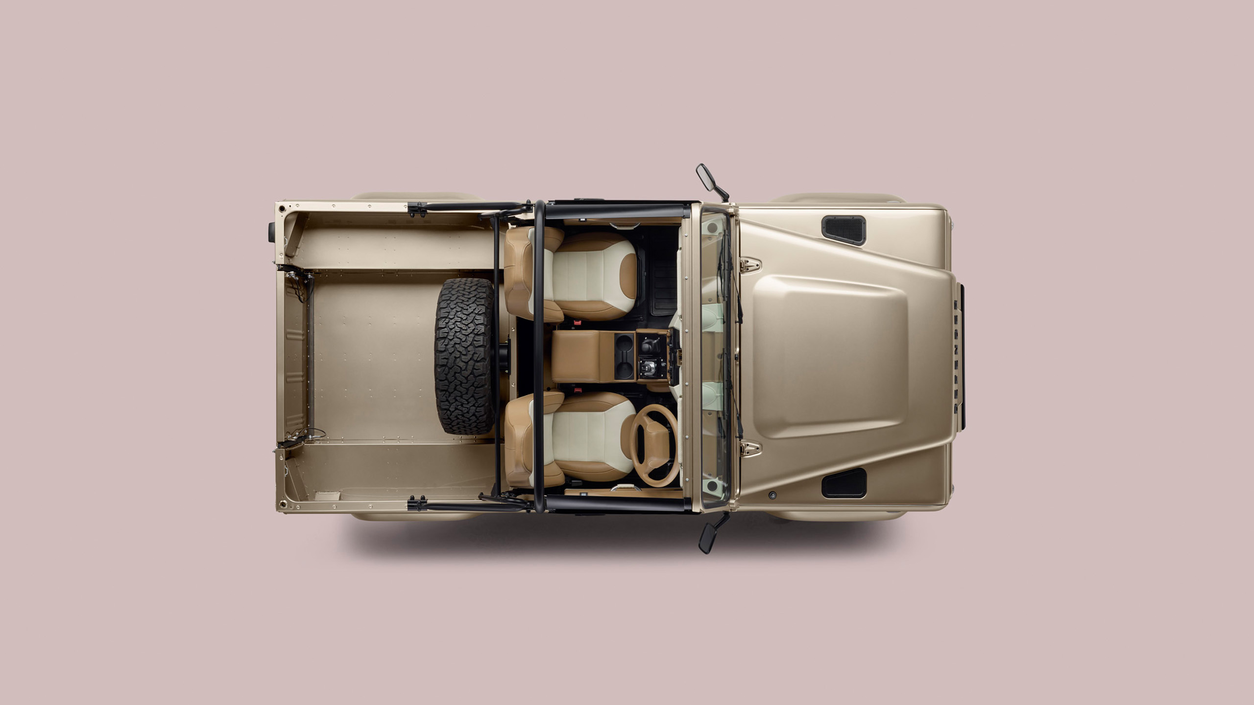 Top view of a beige, open-roof jeep with two front seats, a steering wheel, and a spare tire mounted in the rear cargo area, set against a plain light pink background.
