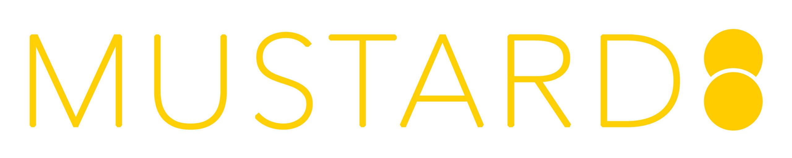 2025_AvenirNext_Logo_MC_White The word "MUSTARD" is written in bold, yellow capital letters. The letter "D" is stylized with two yellow circles forming its right side.