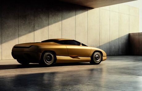 A sleek, gold sports car is parked in a modern, minimalist concrete structure, with sunlight streaming in and casting dramatic shadows on the floor and walls.