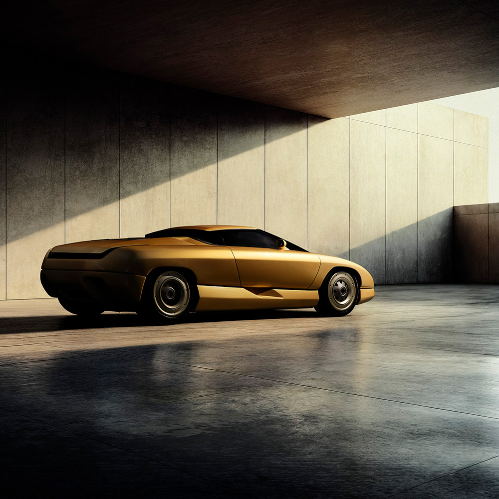 A sleek, gold sports car is parked in a modern, minimalist concrete structure, with sunlight streaming in and casting dramatic shadows on the floor and walls.