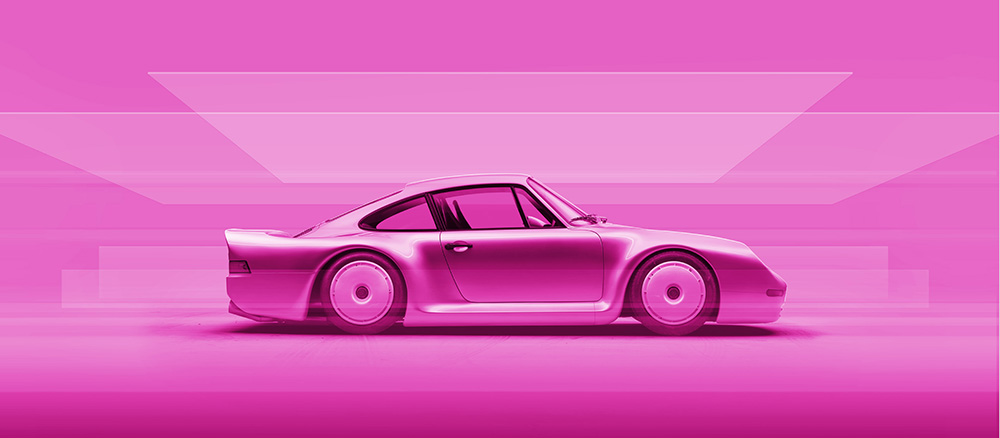 A sleek, classic sports car is shown in profile view, rendered in a monochromatic pink color scheme with geometric shapes in the background creating a futuristic effect.