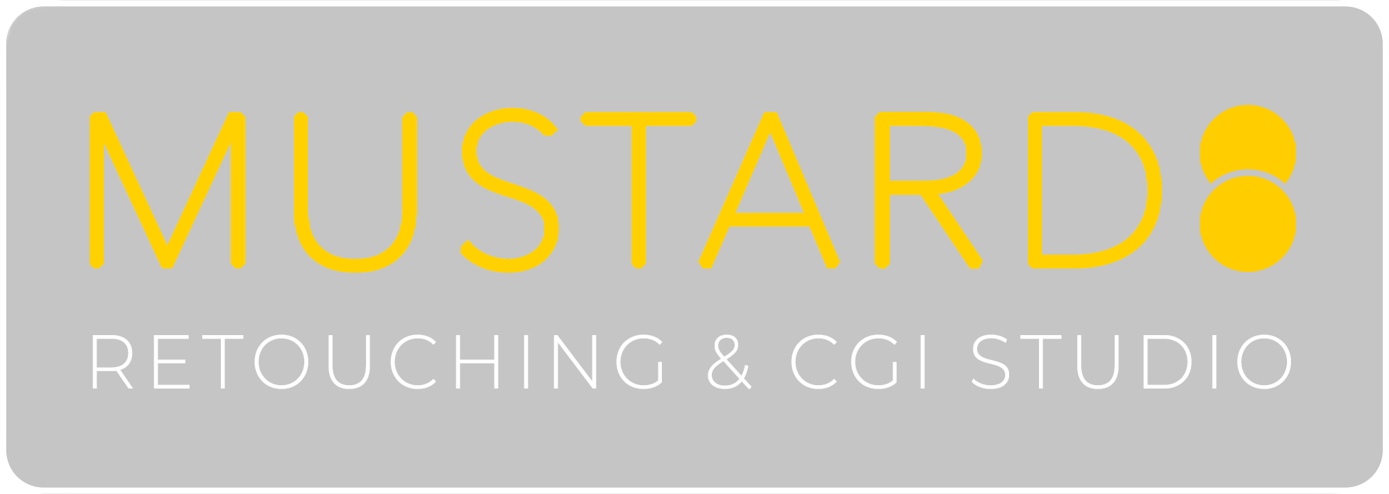 Logo for "MUSTARD RETOUCHING & CGI STUDIO" with "MUSTARD" in large yellow letters and "RETOUCHING & CGI STUDIO" in smaller white text on a dark gray background. The "O" is designed as two yellow circles.