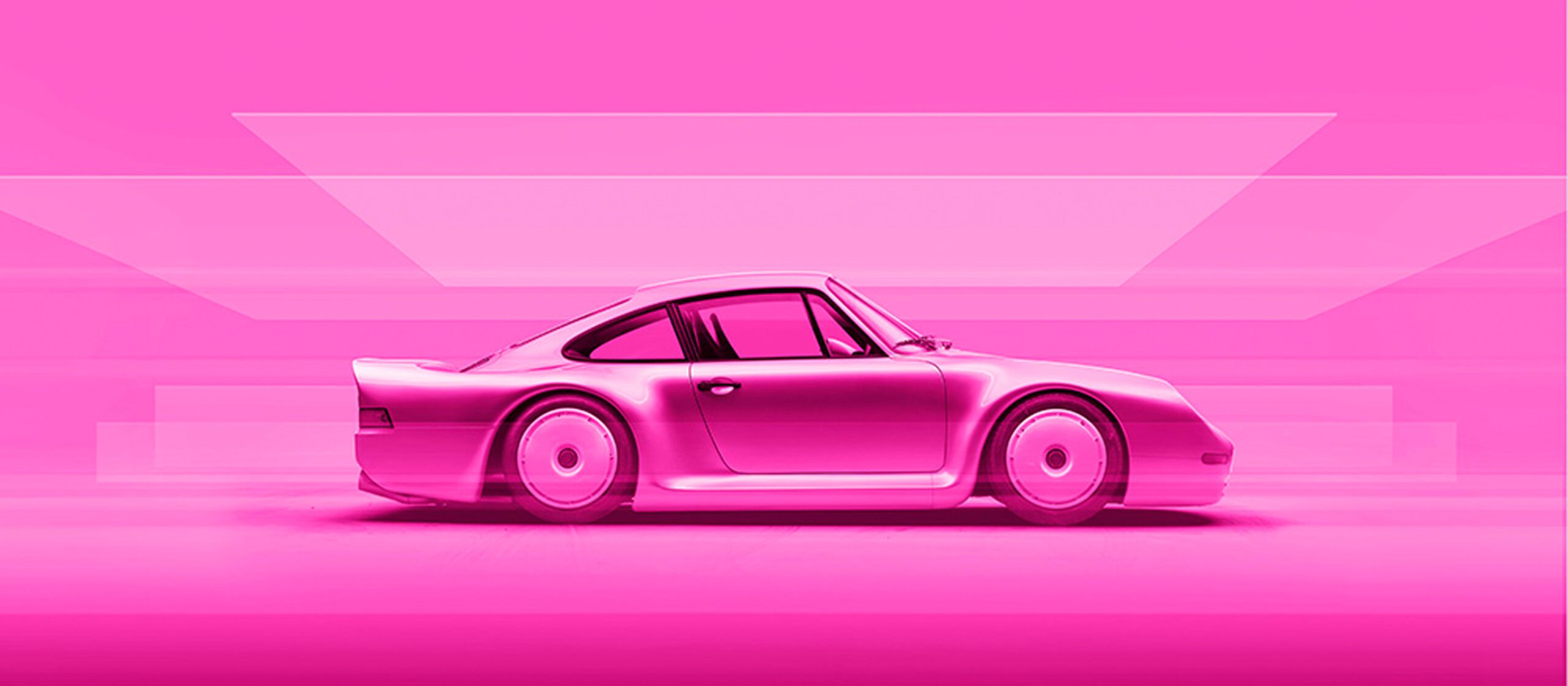 470 MAGNETO PORSCHE_WHT_SIDE_P_v3a_2560pxFeatHoriz_sRGB A side view of a classic sports car in a bright pink monochrome setting with abstract geometric shapes in the background.