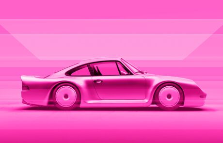 A classic sports car in profile view, rendered in shades of pink with a glossy finish, set against a geometric, abstract pink background.