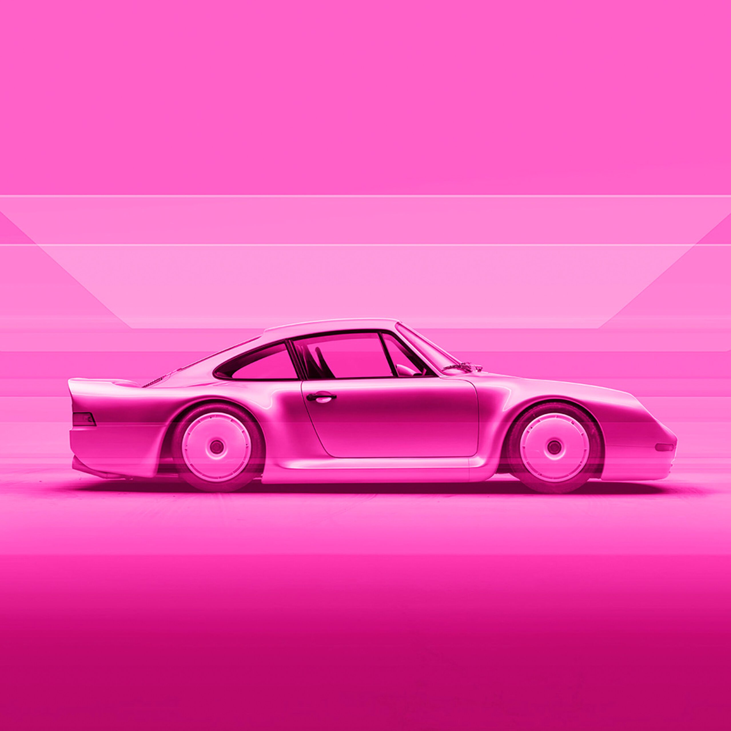 A classic sports car in profile view, rendered in shades of pink with a glossy finish, set against a geometric, abstract pink background.