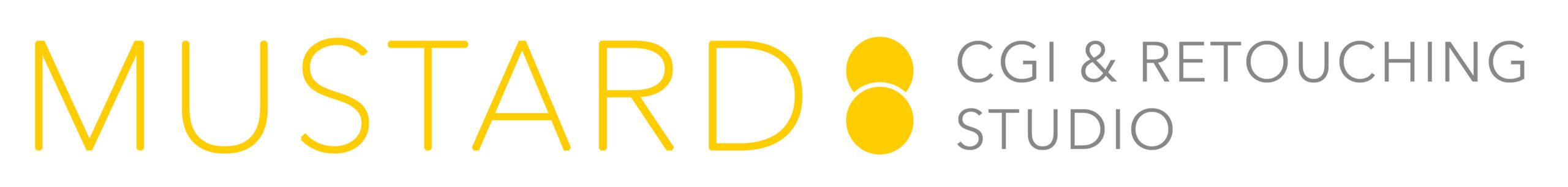 Logo for "MUSTARD CGI & Retouching Studio" with "MUSTARD" in large yellow letters and "CGI & RETOUCHING STUDIO" in smaller gray letters, featuring two yellow circles within the word "MUSTARD.