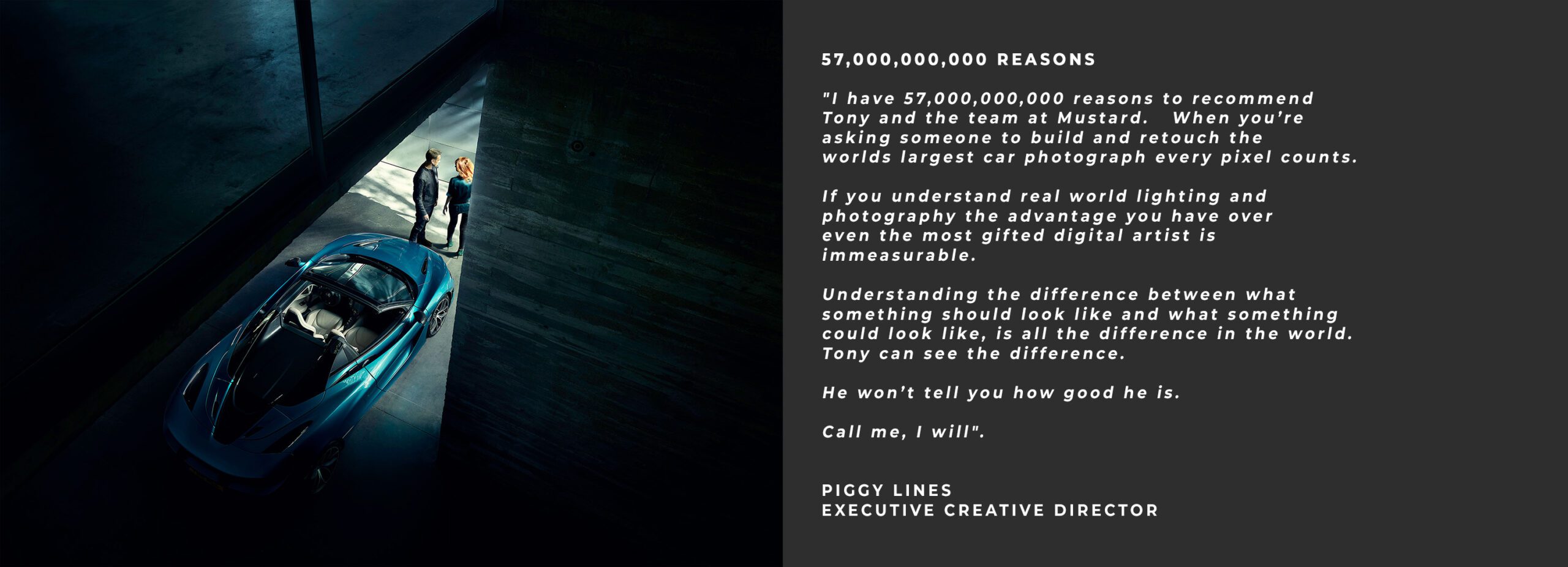 A man in a suit stands next to a blue sports car in a dimly lit room, viewed from above. Text on the right discusses the value of expert digital artistry in photography, with a quote from an executive creative director.
