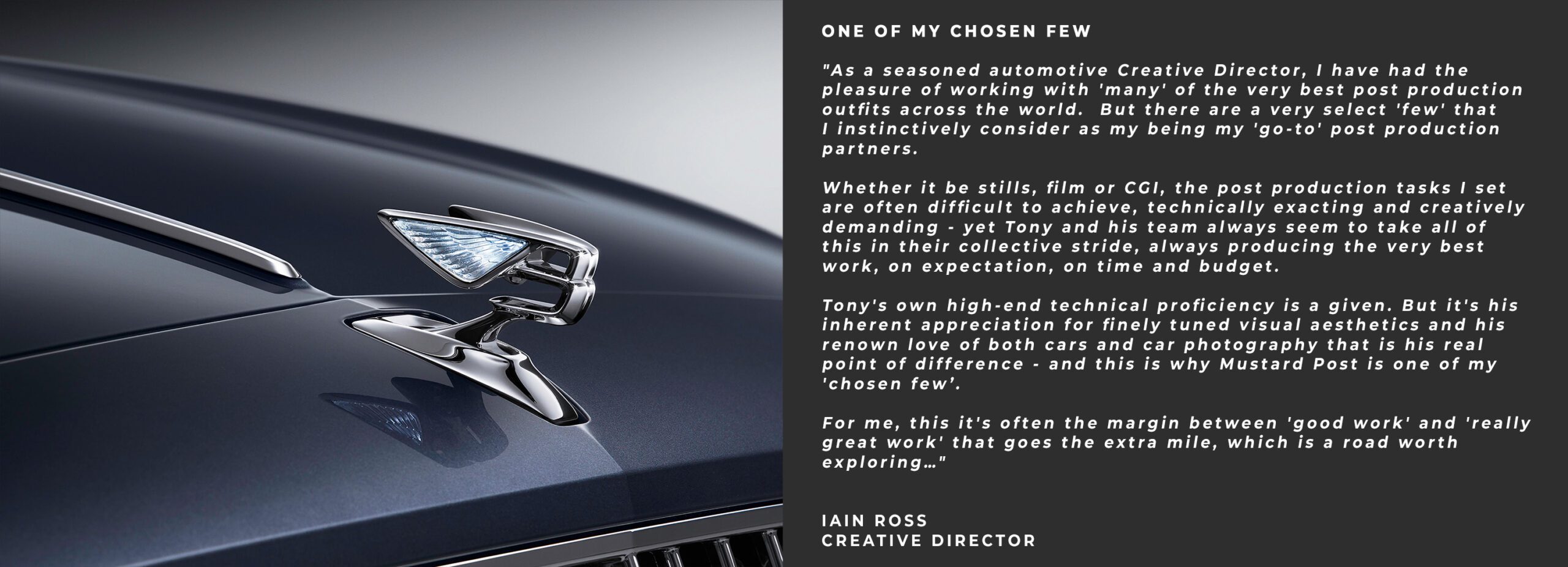 A close-up of a luxury car hood ornament shaped like a winged figure, shown next to a text block with a testimonial from a creative director praising a post production team for their technical skill and creative excellence.