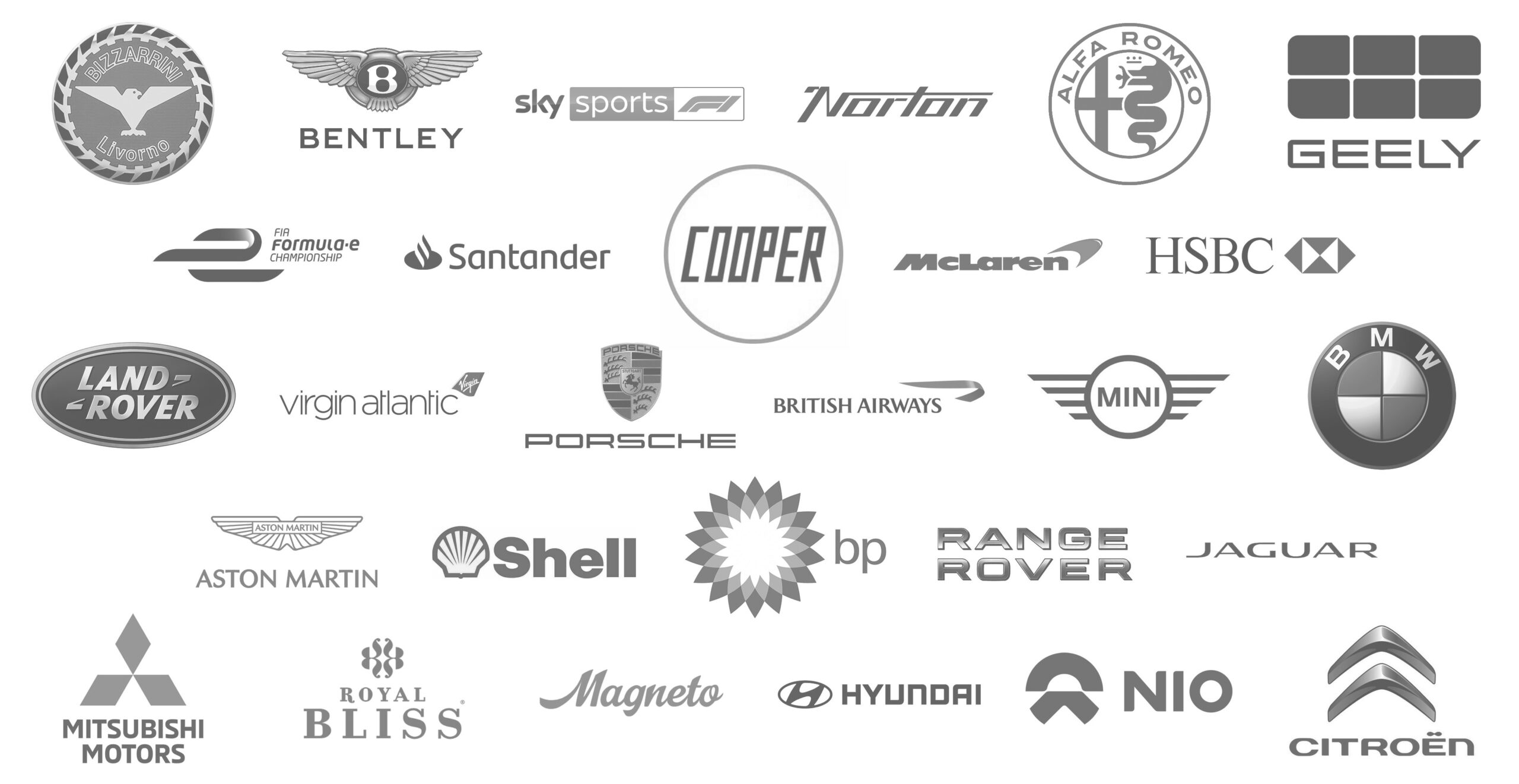 Client Logos_2026 A collage of various greyscale car and company logos, including Bentley, Alfa Romeo, Land Rover, BMW, Jaguar, Mitsubishi, Hyundai, Citroën, and more, arranged in rows on a white background.