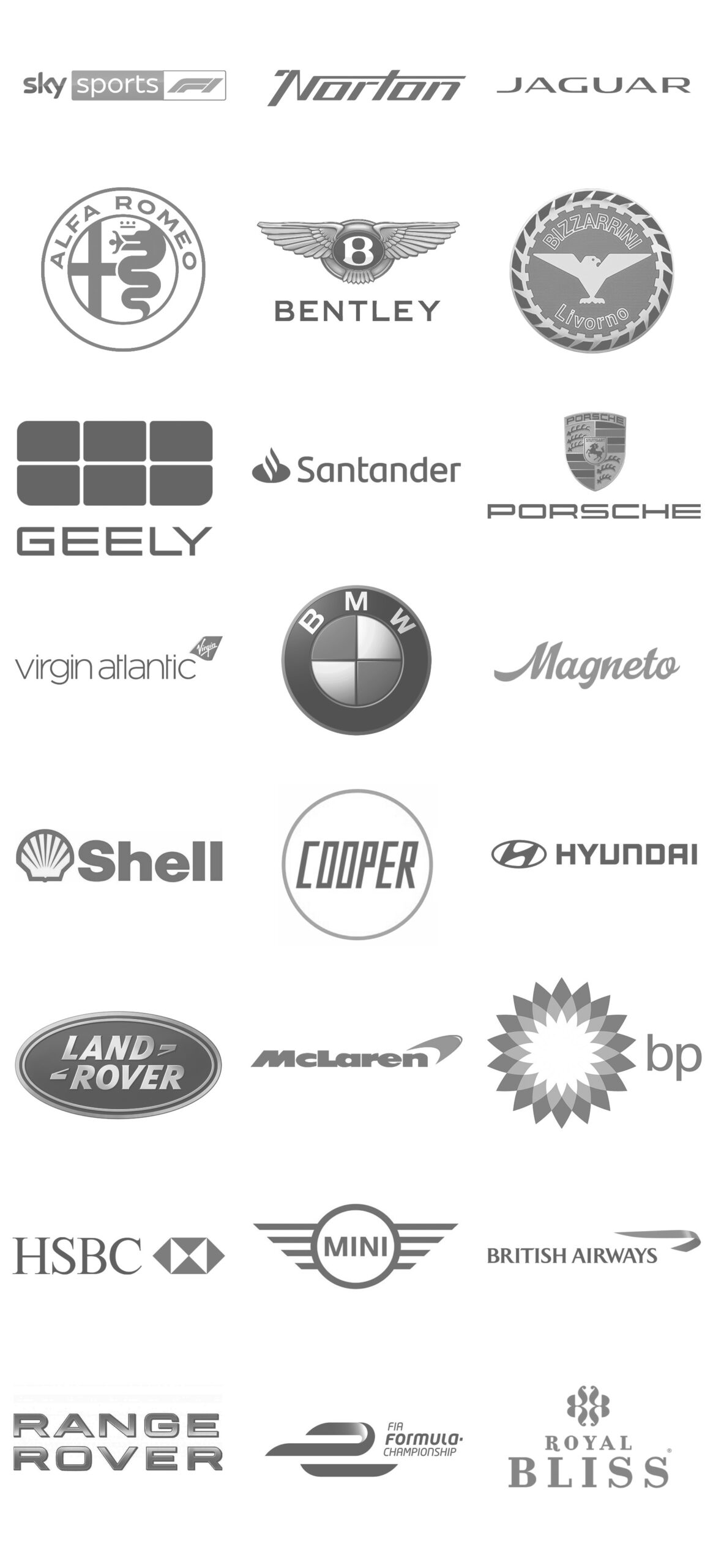 Client Logos_Mobile_2026 A collection of greyscale logos from various automotive, airline, energy, and financial brands, including BMW, Jaguar, Shell, Land Rover, MINI, Santander, HSBC, Porsche, and British Airways.