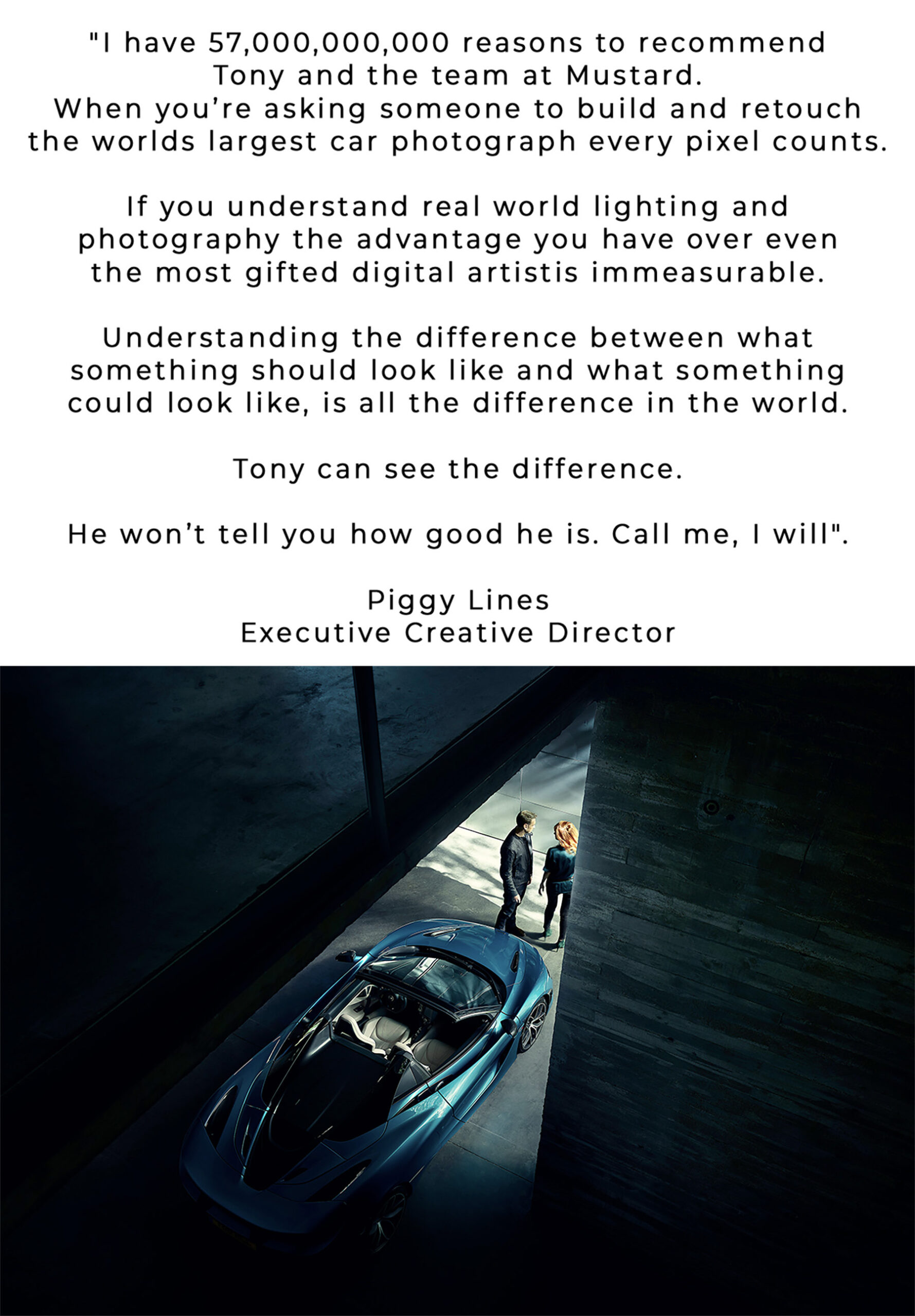 A man and a woman stand next to a sleek, blue sports car in a dimly lit setting. Overhead, a testimonial text praises Tony and the Mustard team's photography and digital artistry skills.