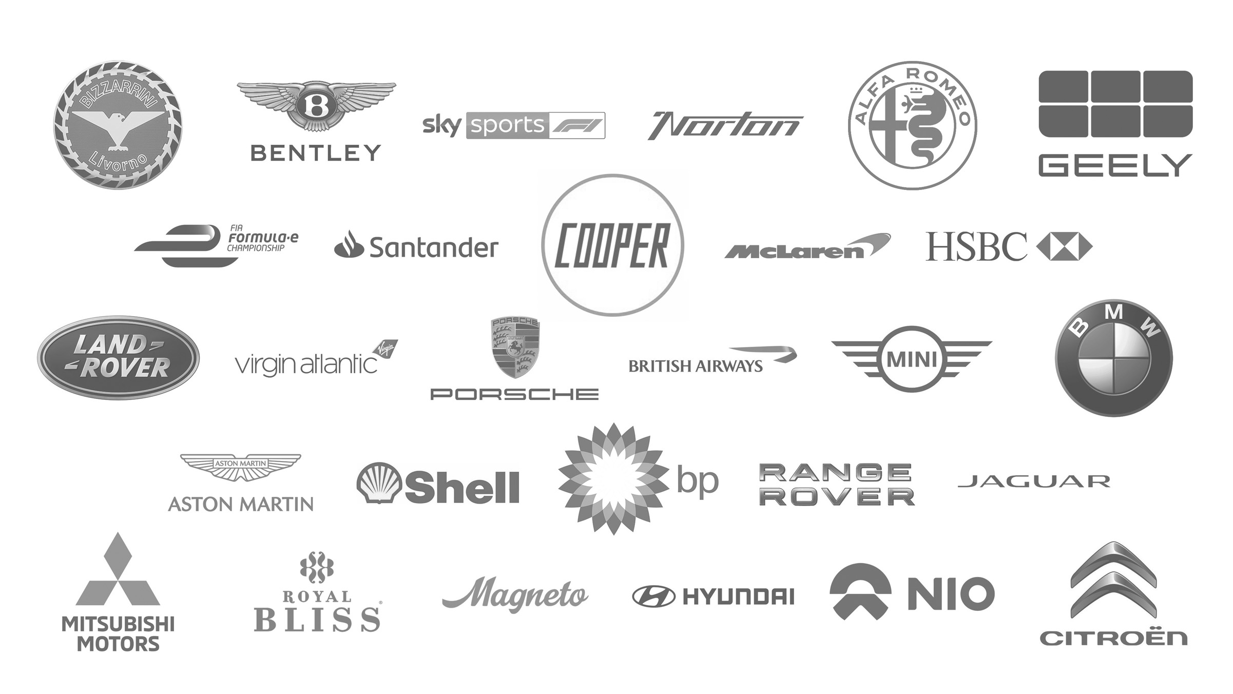 A collection of various greyscale logos from automotive, airline, finance, sports, and other industries, including brands like Bentley, BMW, MINI, Jaguar, Land Rover, Shell, HSBC, Hyundai, and Porsche.