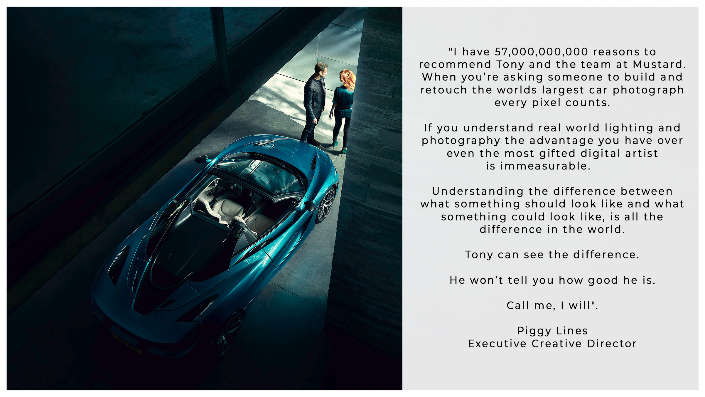 Two people stand beside a sleek blue sports car in a modern, dimly lit space. The right side features a testimonial praising Tony and the Mustard team for their expertise in car photography and real-world lighting advantages.