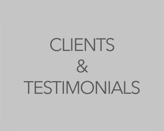 Grey background with bold, centred text that reads "CLIENTS & TESTIMONIALS" in uppercase letters.