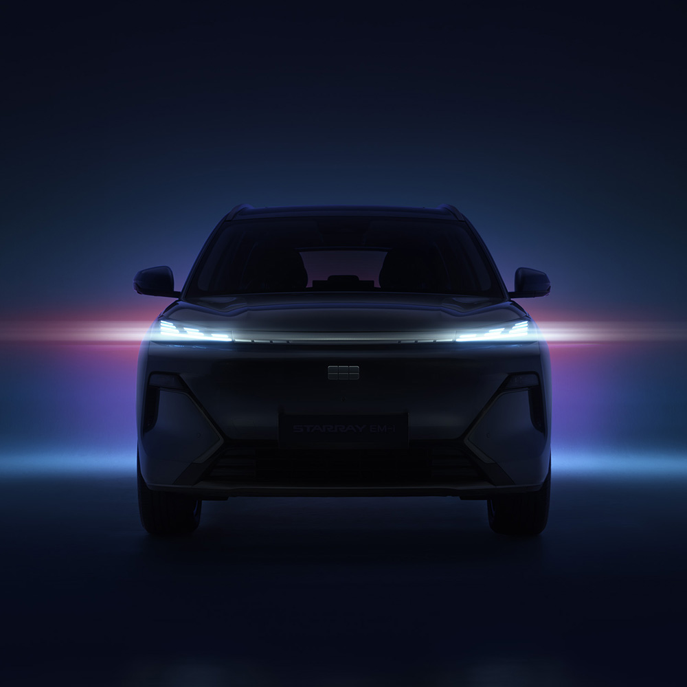 A dark, front-facing car with illuminated LED headlamps glows against a blue and pink gradient background, creating a futuristic atmosphere.