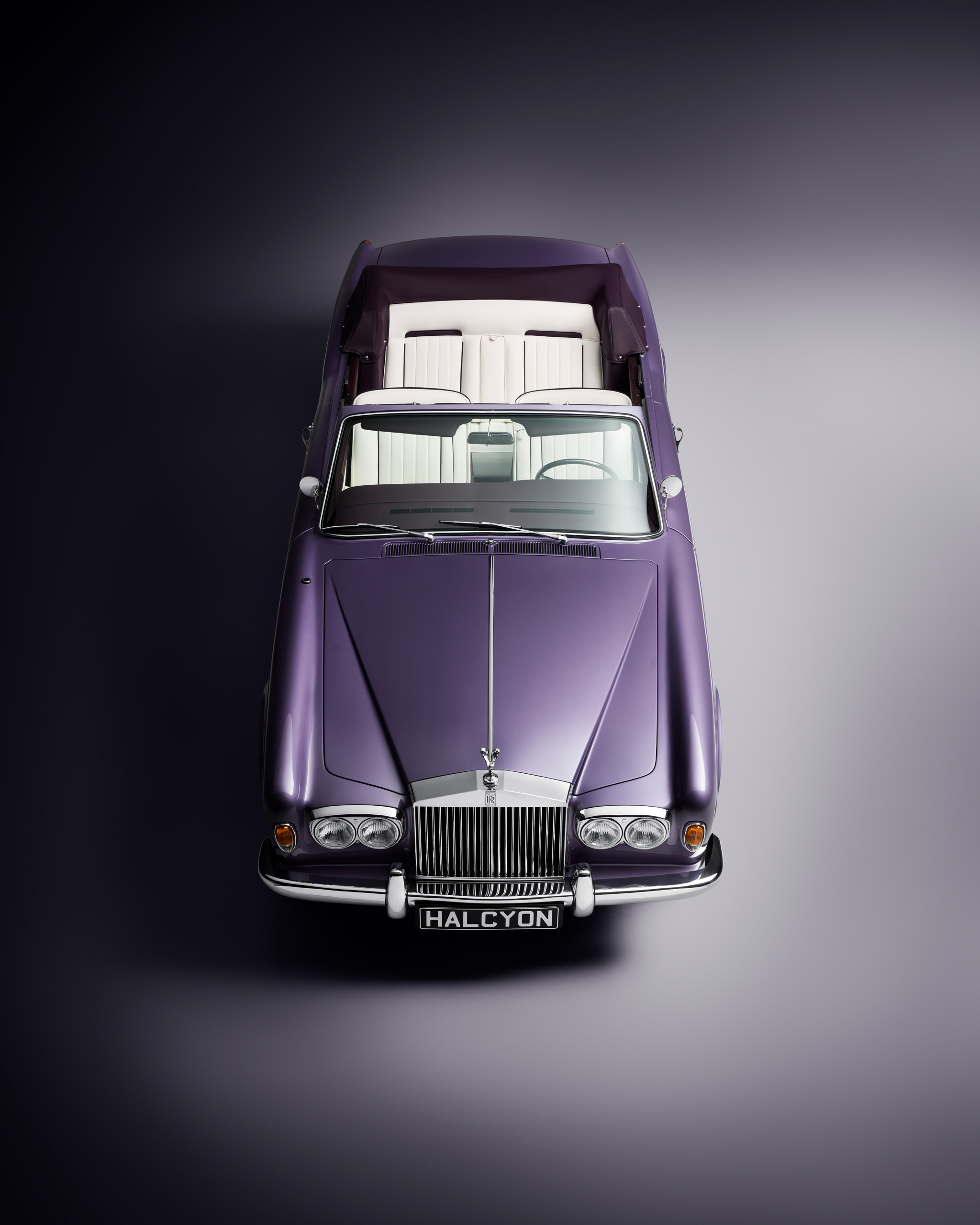 halcyon-electric-rolls-royce-corniche-top-down-front.jpg Overhead view of the Halcyon electric Rolls-Royce Corniche, roof down, showing the full length of the car from above