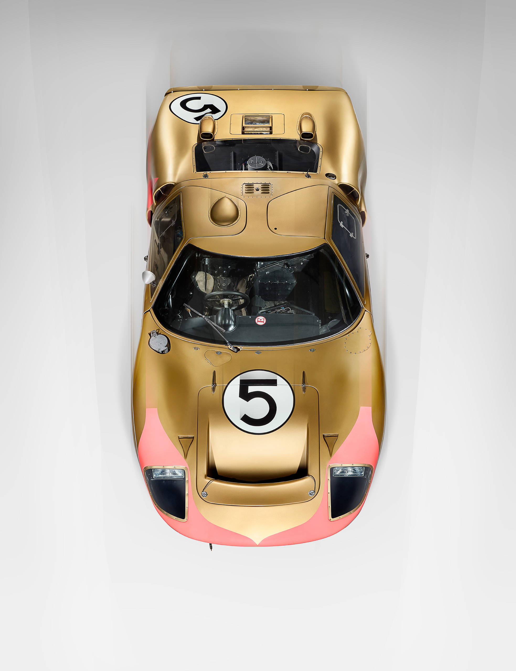 ford-gt40-1966-le-mans-gold-car-5-overhead Overhead view of the gold number 5 Ford GT40, one of three cars that finished 1-2-3 at Le Mans in 1966.