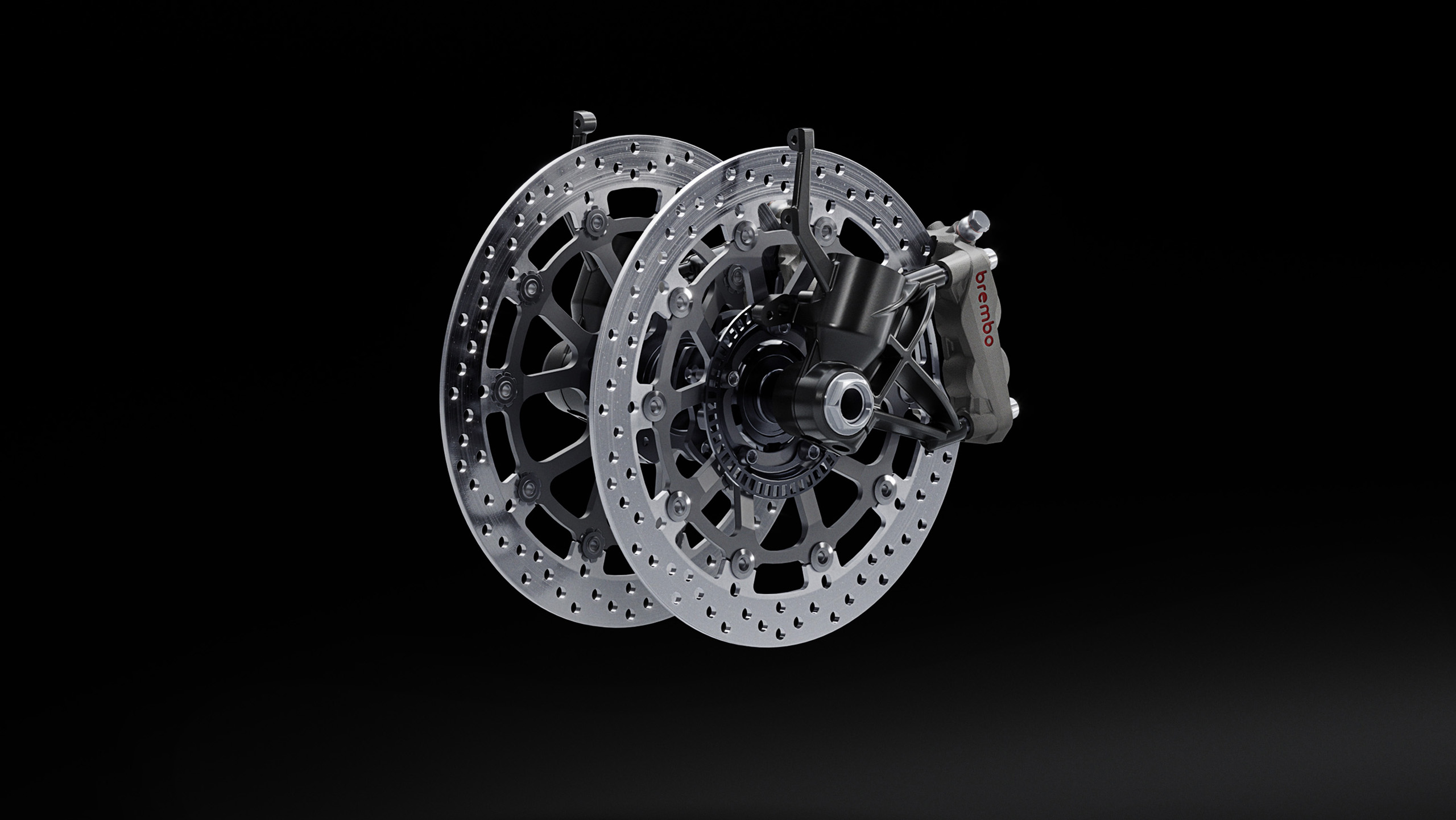 norton-manxr-engineering-art-brakes CGI "Engineering Art" render of the Norton ManxR's front twin brake discs and Brembo calipers, isolated on black.