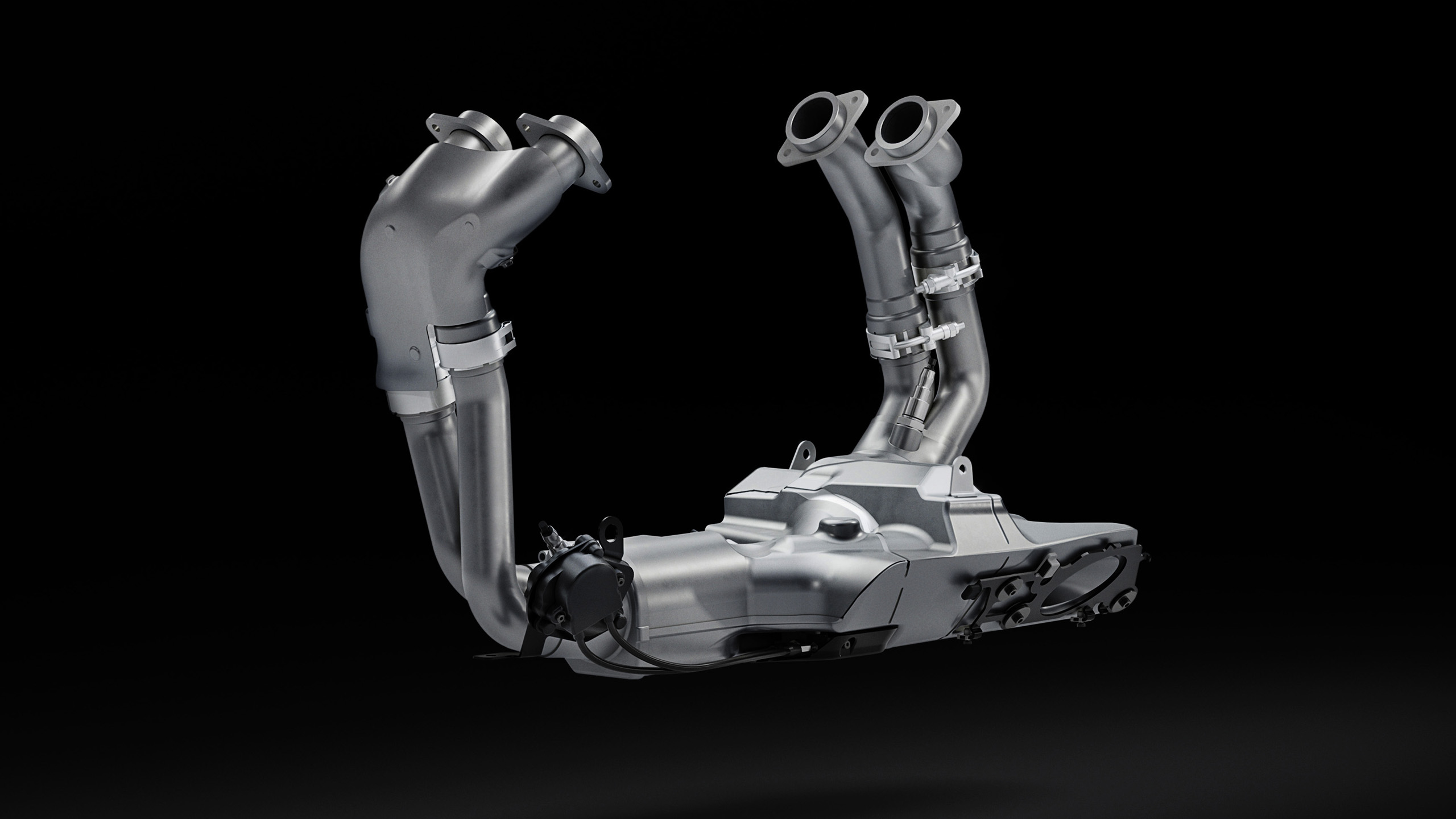 norton-manxr-engineering-art-exhaust CGI "Engineering Art" render of the Norton ManxR's twin-header exhaust system, isolated on black.