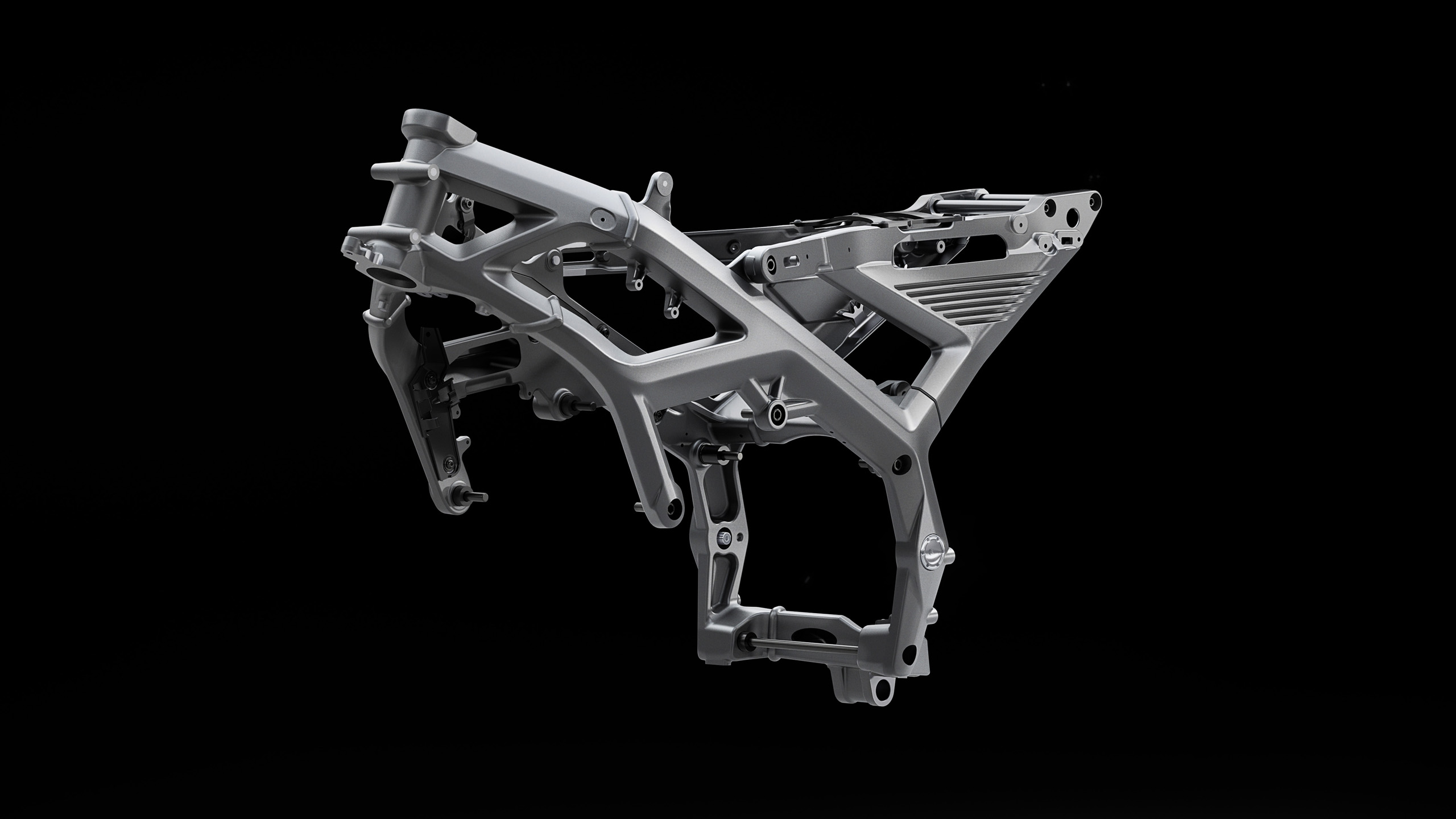 norton-manxr-engineering-art-frame CGI "Engineering Art" render of the Norton ManxR's bare aluminium frame, isolated on black.