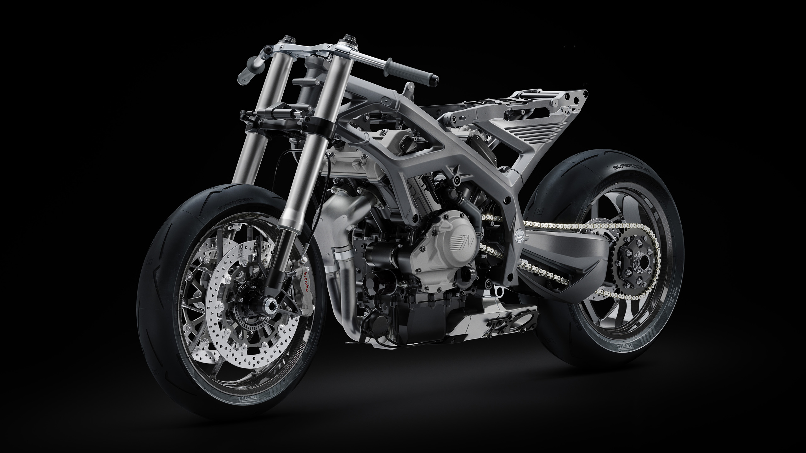 norton-manxr-engineering-art-rolling-chassis-front-three-quarter CGI "Engineering Art" render of the Norton ManxR's rolling chassis, front three-quarter view, engine and frame exposed on black.