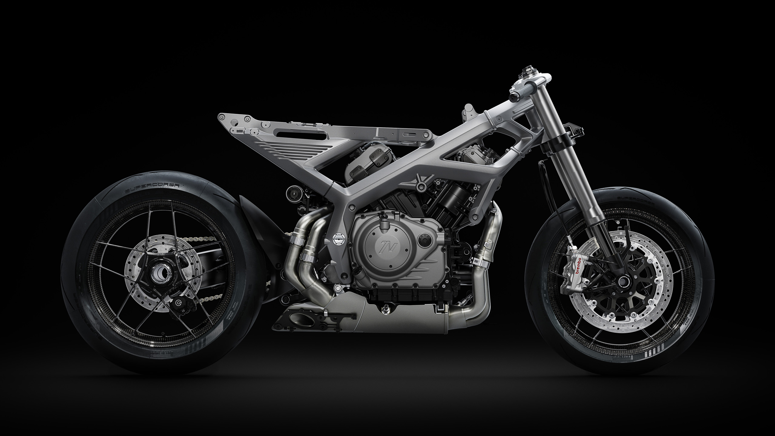 norton-manxr-engineering-art-rolling-chassis-side-profile CGI "Engineering Art" render of the Norton ManxR's rolling chassis, full side profile, engine and frame exposed on black.